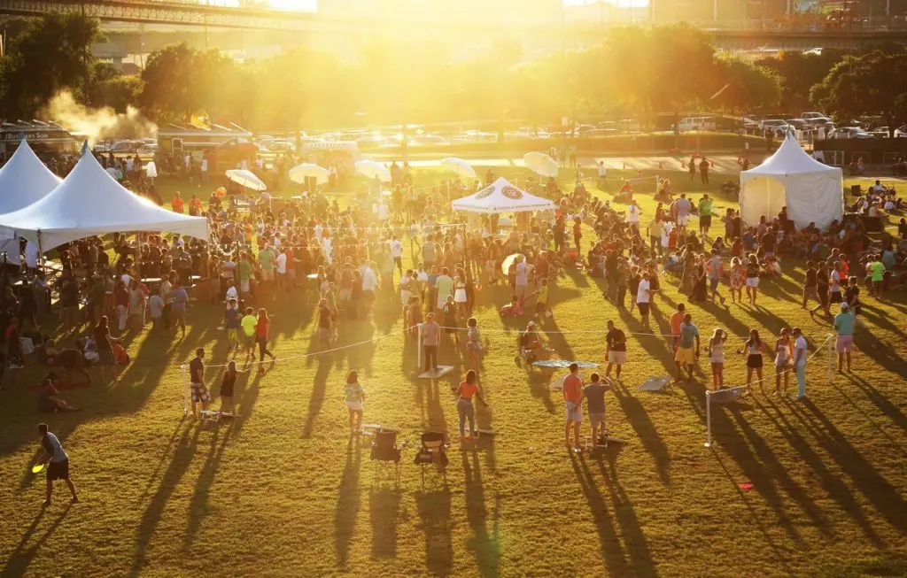 The Reunion Tower lawn offers prime views of Downtown Dallas. 