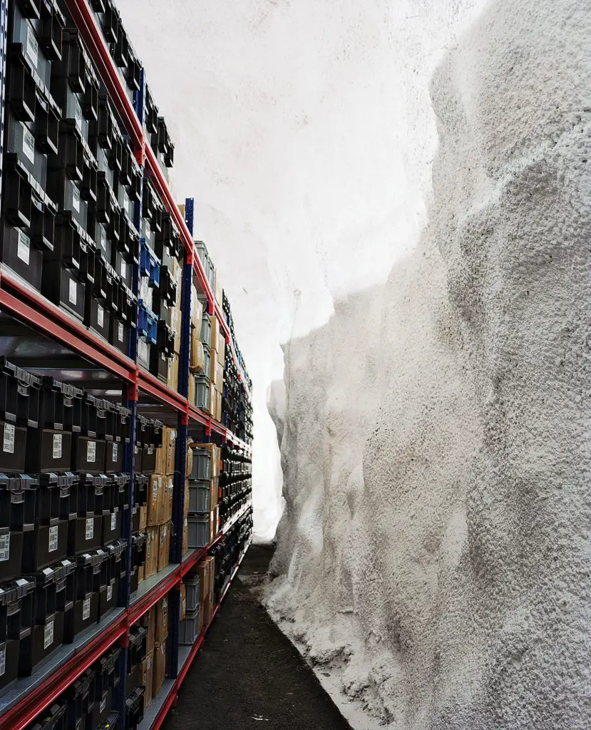 Dornith Doherty's most intriguing focus has been upon a seed vault deep within the excavated mountainside of a remote Nordic island: "Vault Interior, Svalbard Global Seed Vault, Spitsbergen Island, Norway," 2010. (Courtesy the artist, Moody Gallery, and Holly Johnson Gallery)