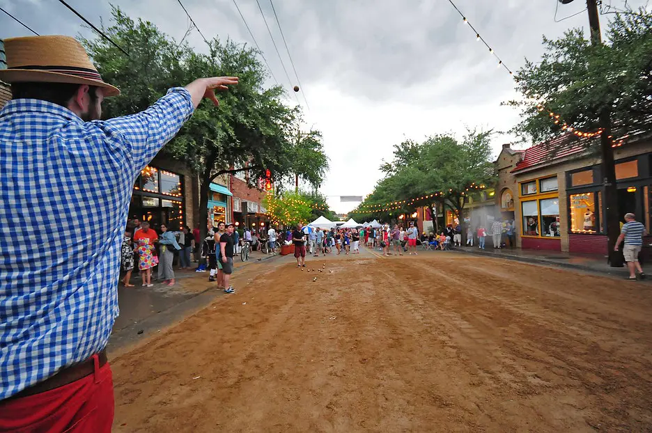 Test your chops at pétanque (or bocce ball) in the center of Bishop Arts for the festivities. Photo courtesy of bastilleonbishop.com.