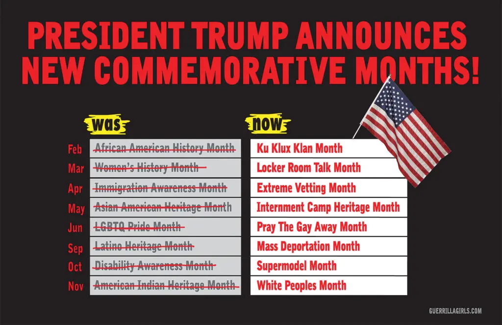 "Trump Announces New Commemorative Months," 2016 (© Guerrilla Girls and courtesy of guerrillagirls.com)
