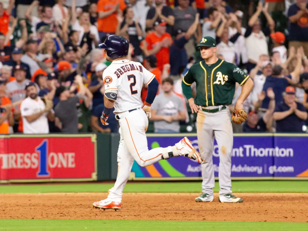 Alex Bregman ended the Oakland A's hopes with a three-run bomb. (Photo by F. Carter Smith.)