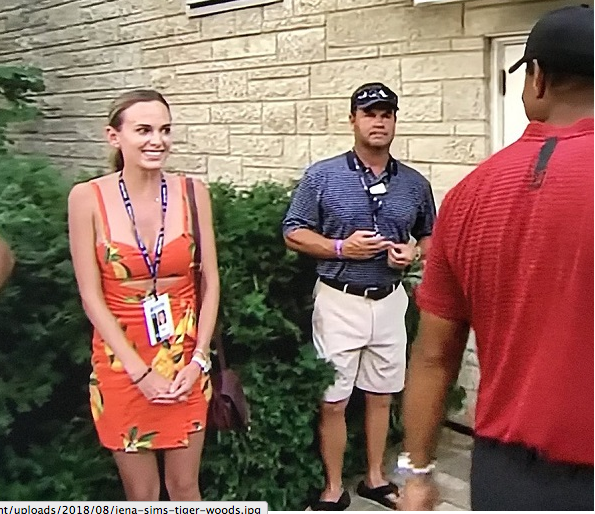 Brooks Koepka's girlfriend, Jena Sims, seemed beyond excited to have a brush with Tiger Woods.