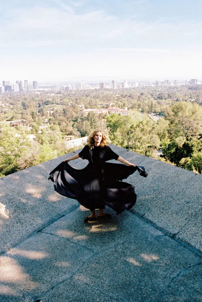 An edge of the floating pool deck overlooks Century City.  (Photo by Enmi Yang )