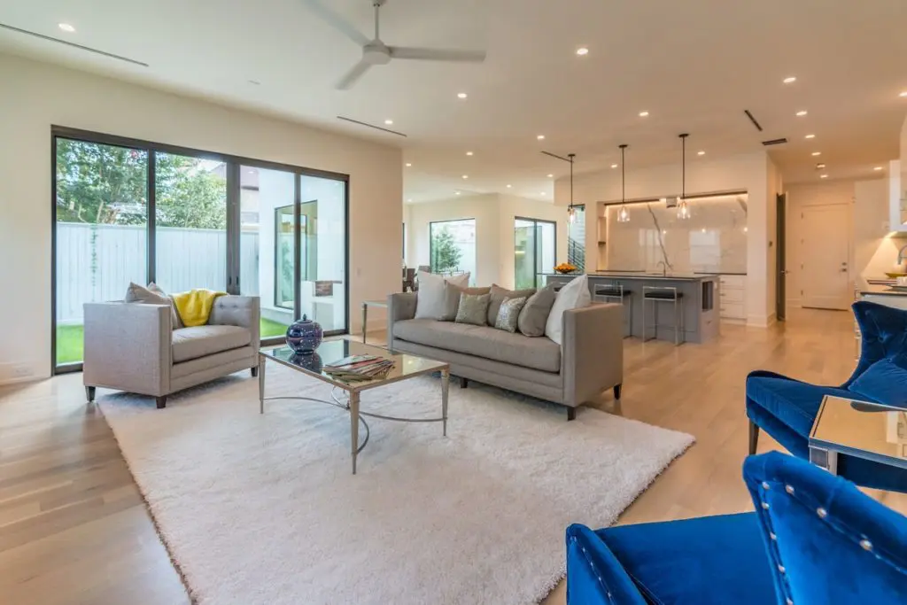 The family room presents a wide-open view to the kitchen and dining areas. 