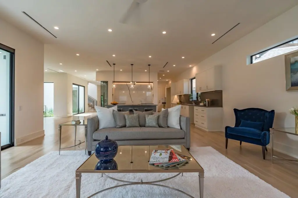 The living area opens up into the rest of the house for easy flow. 