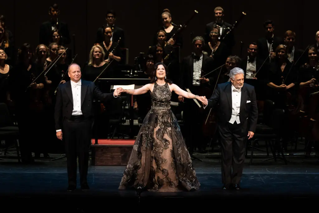 Patrick Summers, Ana María Martínez, Plácido Domingo with the Houston Grand Opera orchestra at the HGO & Placido Coming Home Gala after Hurricane Harvey repairs. 