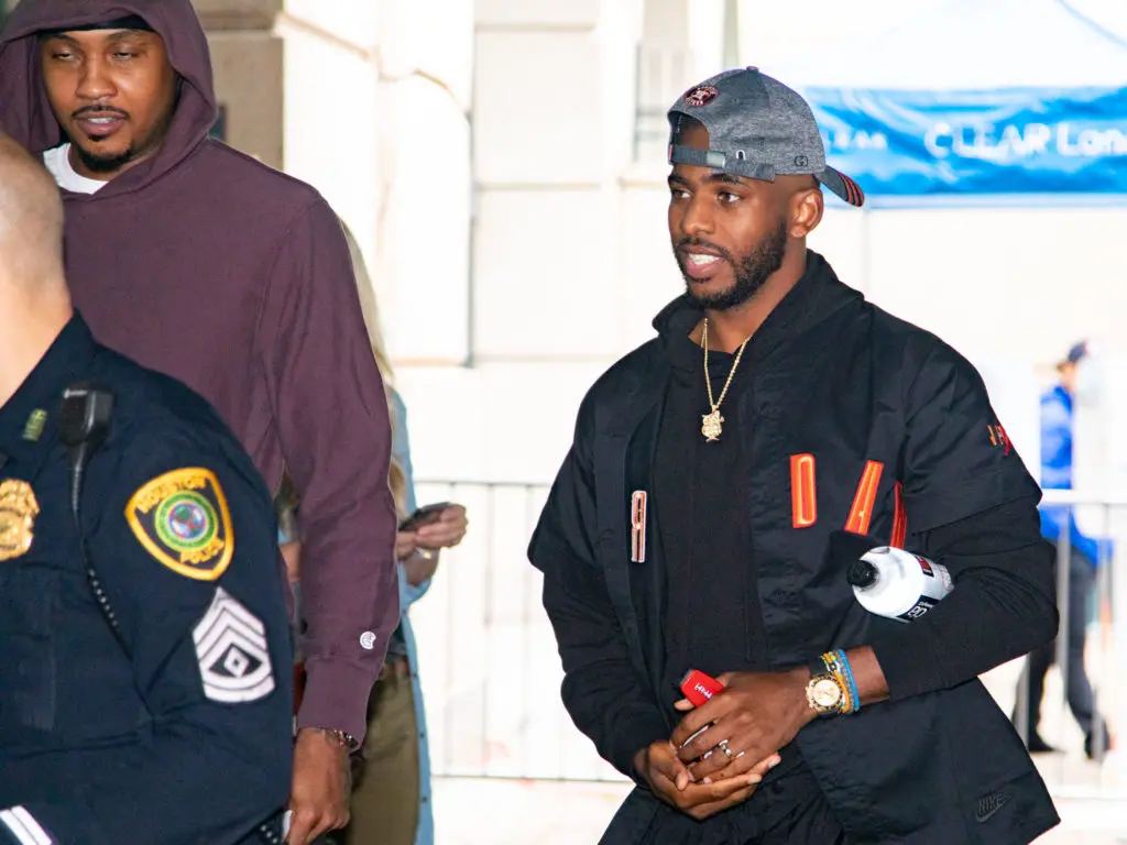 Chris Paul and Carmelo Anthony showed up to watch the Houston Astros together. (Photo by F. Carter Smith.)