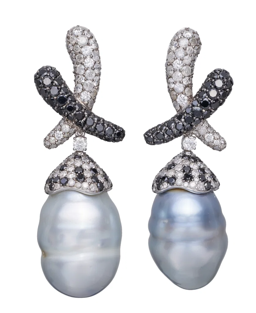Australian South Sea Pearl drop earrings accented with white and black diamonds in 18 karat white gold