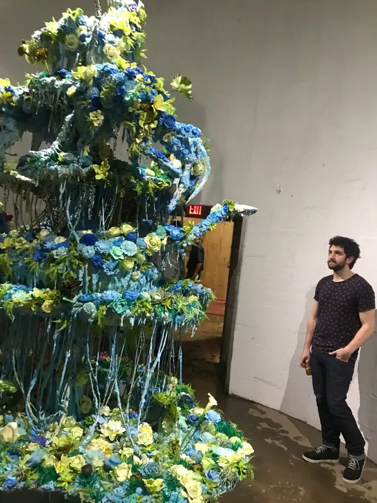 Alan Mur takes in Ann Wood's towering frosted fountain at opening night of "Peak Shift" at SITE Gallery, at The Silos. (Photo Cindy Lisica) 