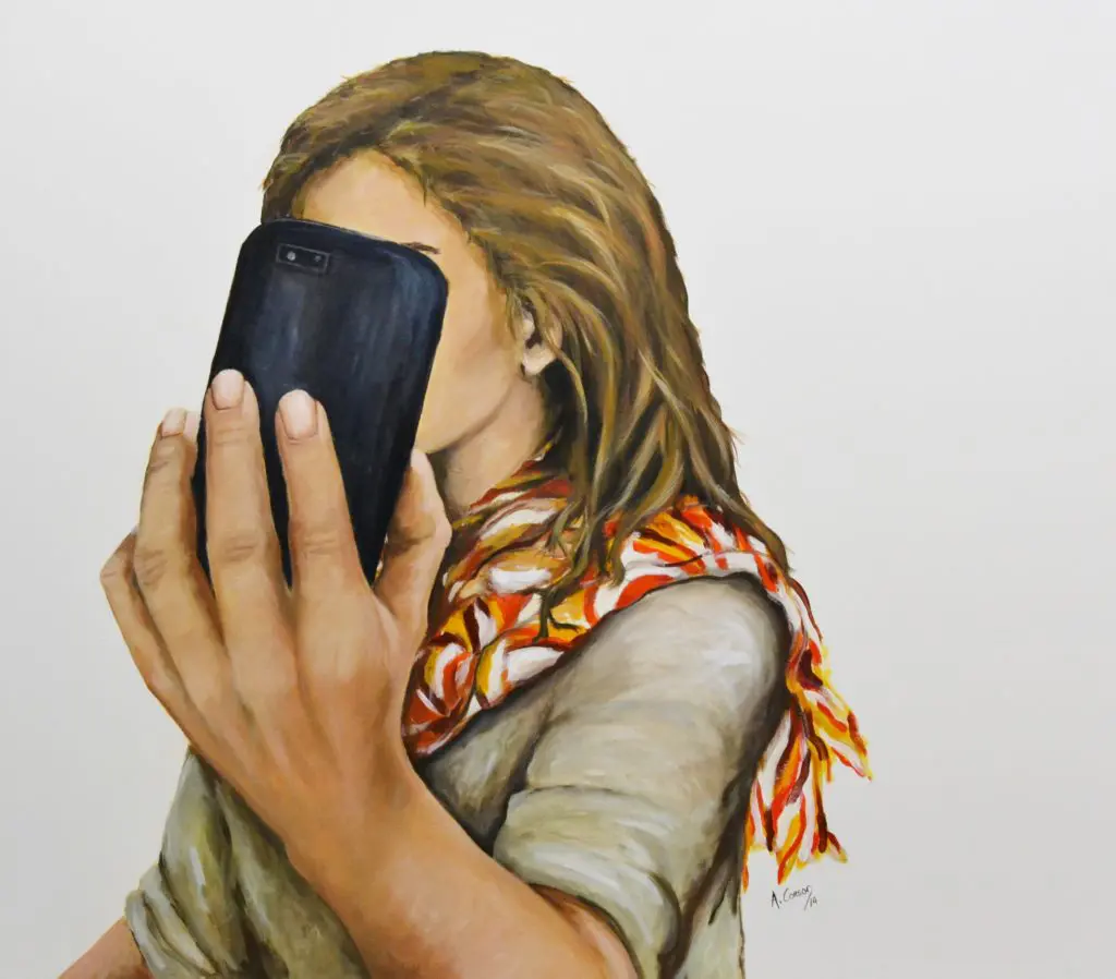 Angela Corson's "Selfie," 2014 (Spring Street, Studio 103). This acrylic on canvas was the first prize winner in the Visual Arts Alliance 12th Juried Invitational in 2017, selected by PaperCity's Catherine D. Anspon.