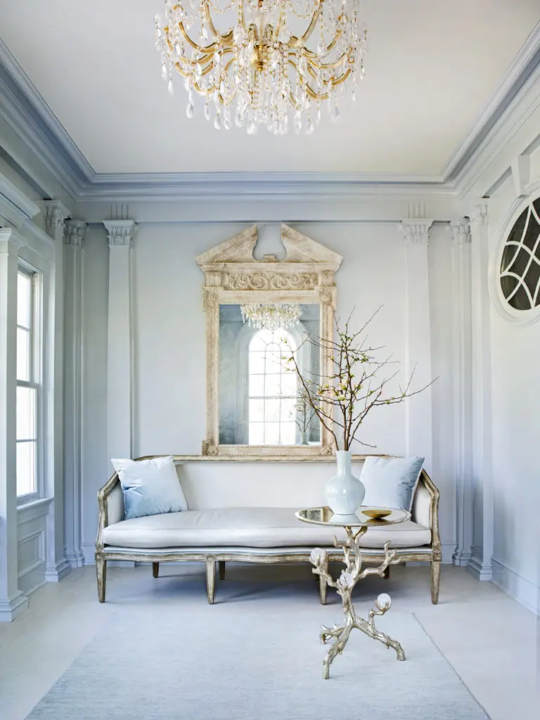 Painted the palest of pale blues, the new side entrace practically dissolves in the light. A project from Suzanne Kasler's new book. Photo by Erica George Dines.