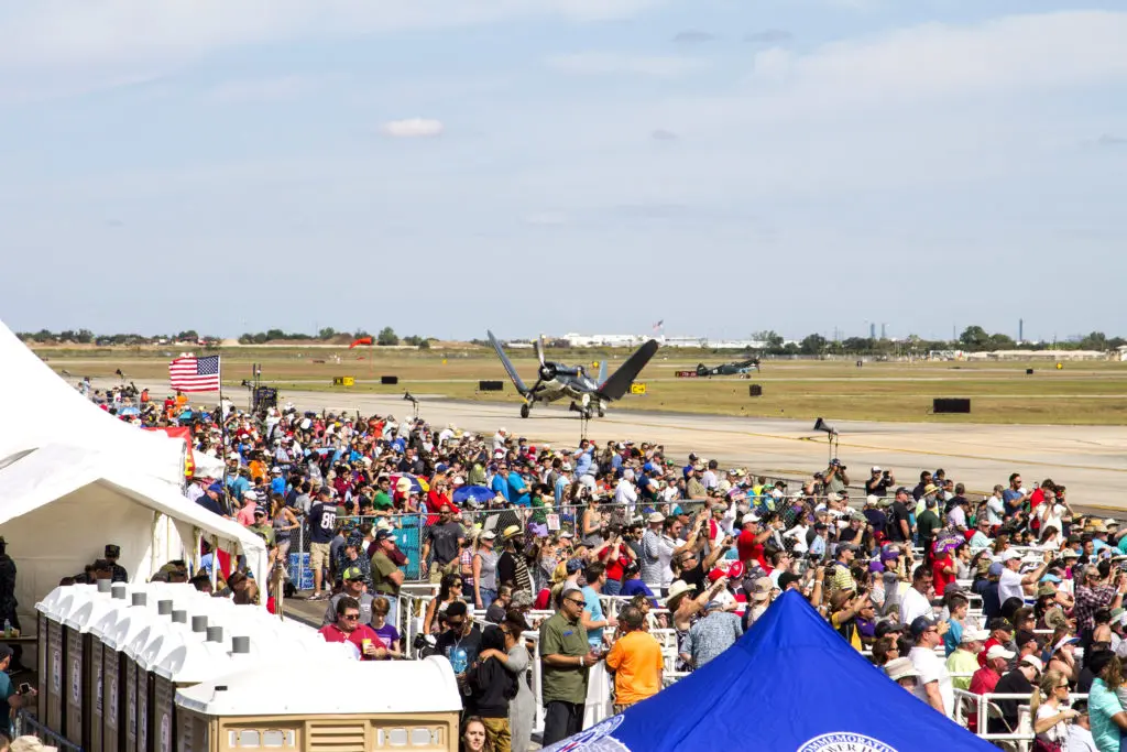 The world-famous U.S. Navy Blue Angels streak the sky at Wings Over Houston. 