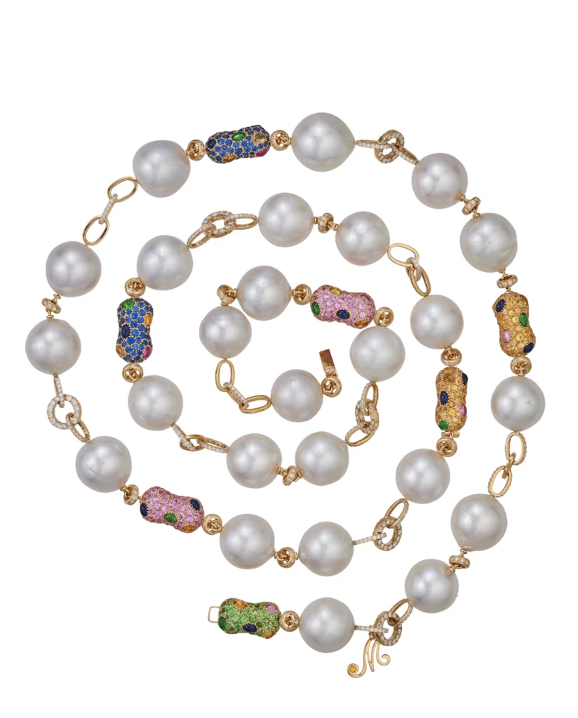 “Tribal Chic” necklace with Australian South Sea pearls accented with multi coloured gemstone “peanuts” and diamond links in 18 karat yellow gold