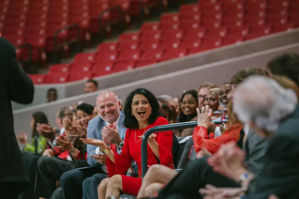 Renu Khator was clearly surprised by her own induction into the UH Athletics Hall of Honor. (Photo courtesy University of Houston.)
