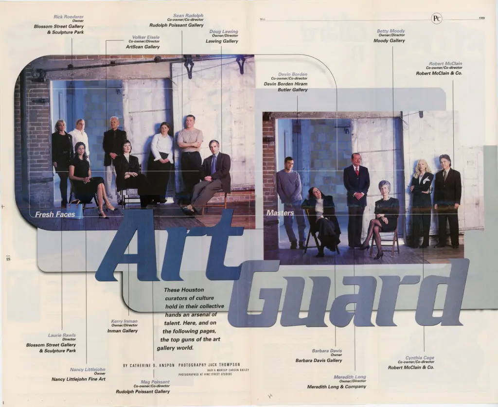 In the May 1999 issue, PaperCity featured Nancy Littlejohn in "Art Guard," a story about Houston's old guard and new guard dealers. The gallerist is shown seated, upper left. 