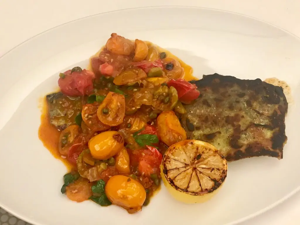 The Ruby Trout comes with salsa Veracruz, jalapeño, olives, capers and soft cooked onions. 