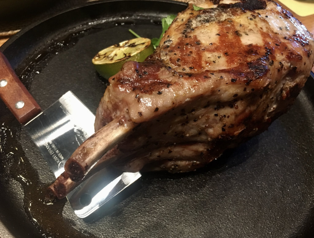 The three-bone pork chop is as tender as it gets. 
