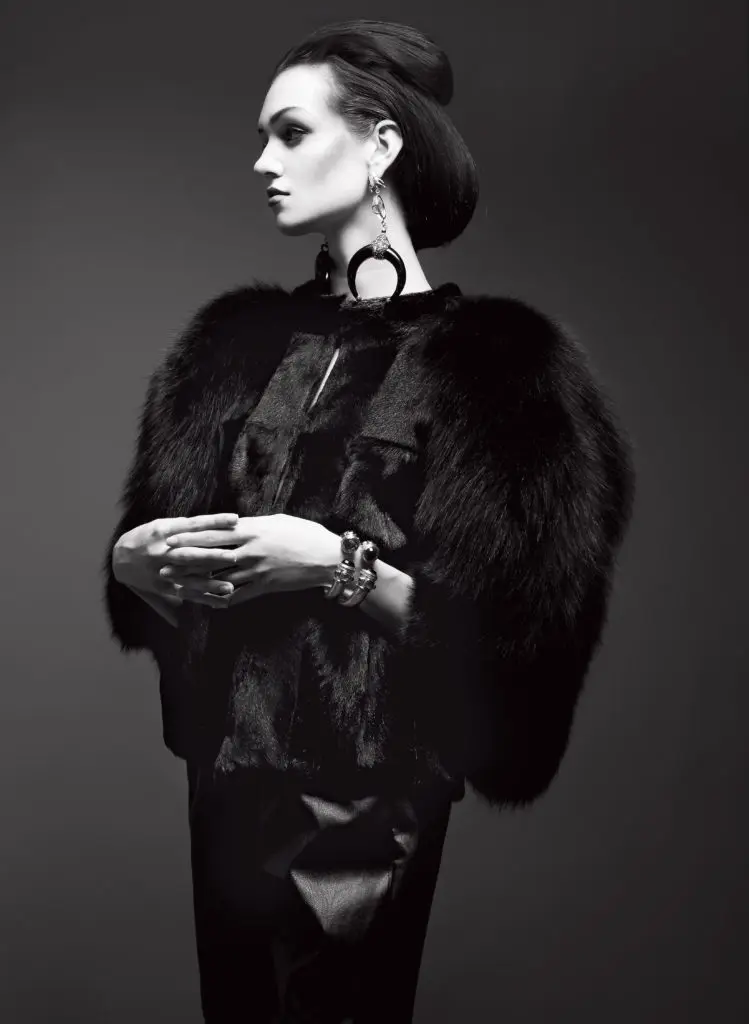 Ángel Sánchez coat, at angelsanchezusa.com. Louis Vuitton dress, at the Louis Vuitton boutique. Fernando Rodriguez earrings. Elisheva & Constance ring, at elisheva.constance.com. Julie Vos cuffs in amethyst and onyx $345, at À Bientôt, Elizabeth Anthony.