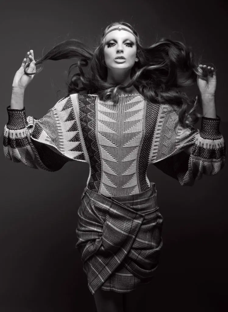 Louis Vuitton jacquard knit top $1,600, and skirt $2,530, both at the Louis Vuitton boutique.