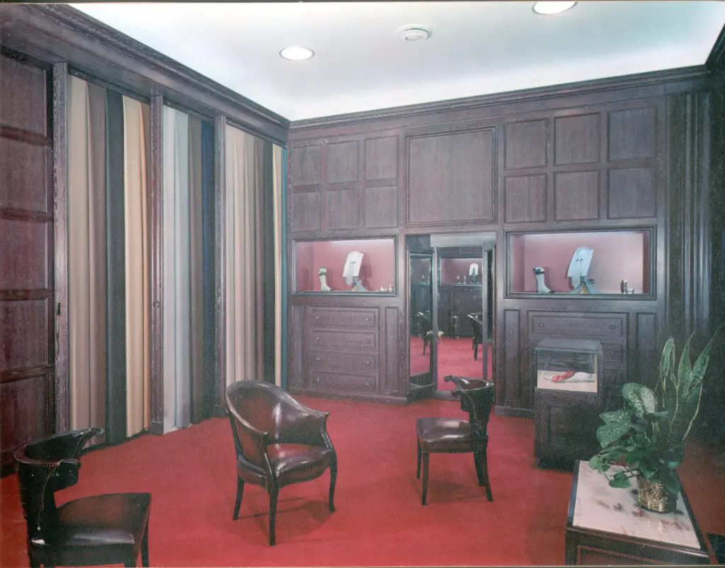 The handsome, paneled Red Coach Room served as a gentleman's retreat while being outfitted with fine shirts and accessories. (Courtesy the Brochsteins Inc. archive)