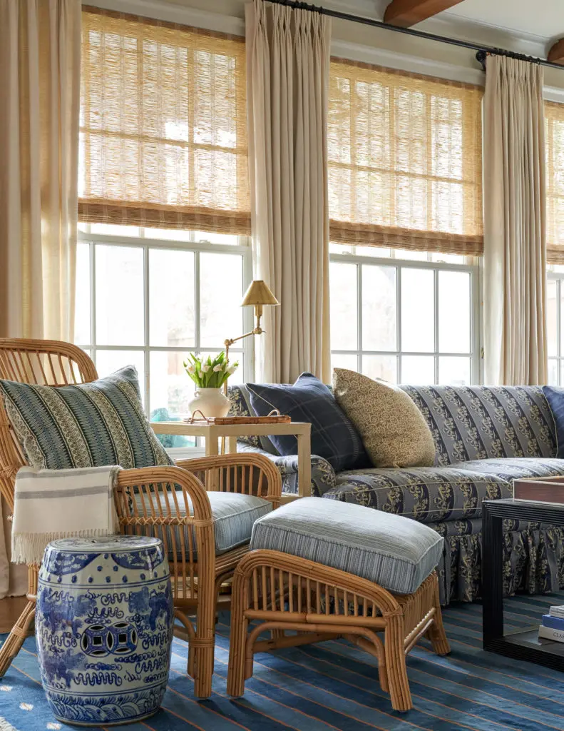 Berry recently updated her own family room with a sofa upholstered in Jasper, Holland & Sherry fabric, a Stark rug, and David Iatesta coffee table