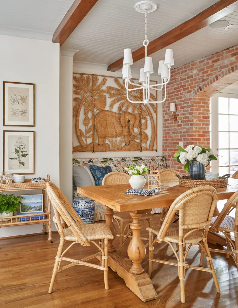 When redecorating her breakfast room, Berry chose chairs and a bar cart by Serena & Lily to complement her antique wicker screen by Mario Lopez Torres