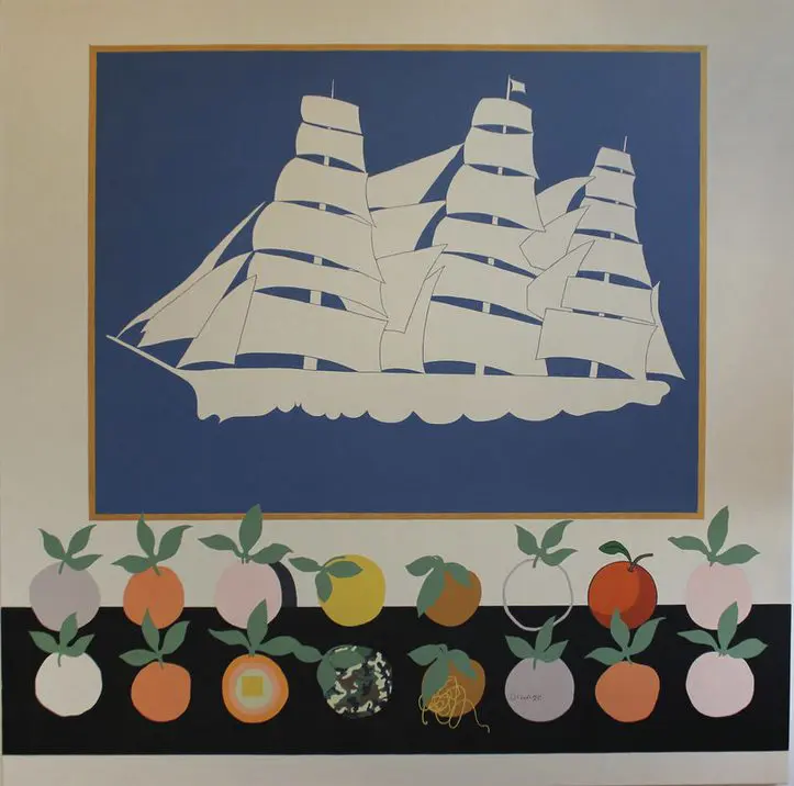 Still life reconsidered: Stephen D'Onofrio's "Still Life with Oranges," 2018. The Philadelphia painter has developed a collector following for his canvases that skewer our obsession with objects and Instagrammable design moments. $7,200 (68 x 68 inch, acrylic on canvas), through Galleri Urbane, Dallas. (Ree Willaford, art@galleriurbane.com, galleriurbane.com)