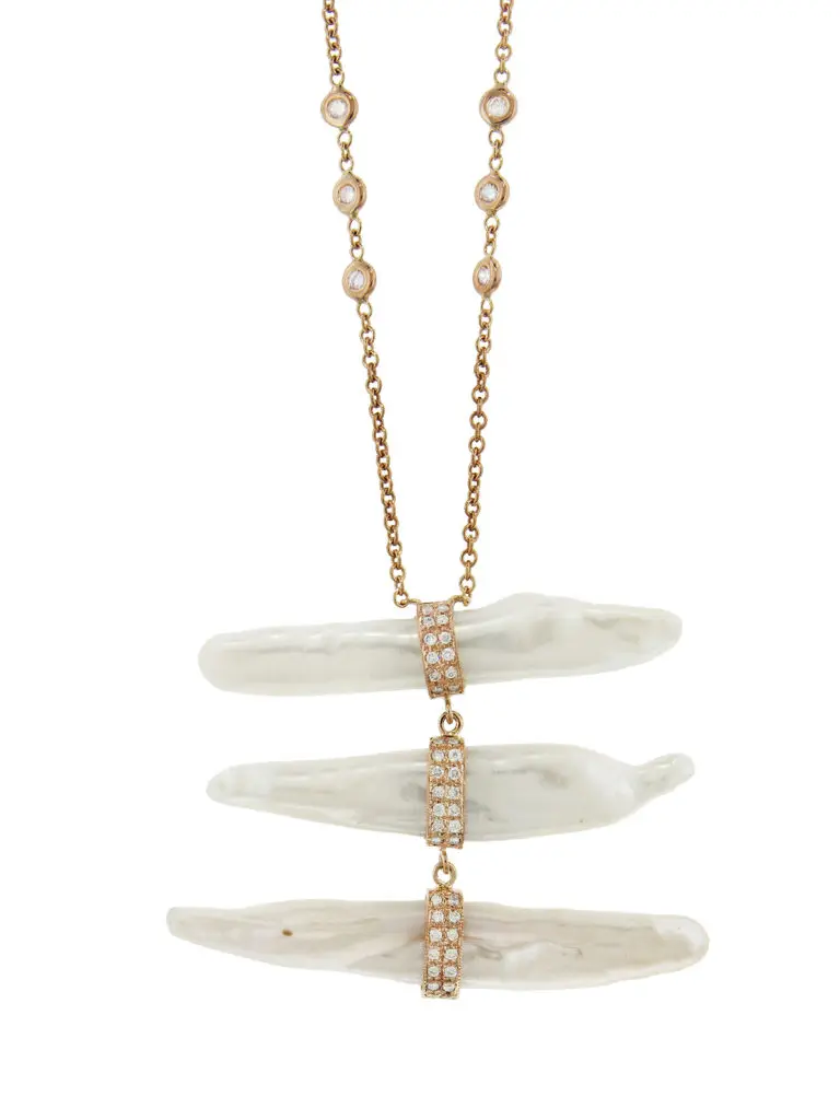 Jacquie Aiche Pearl Ladder necklace in rose gold with diamonds $4,750, at Ylang23.com