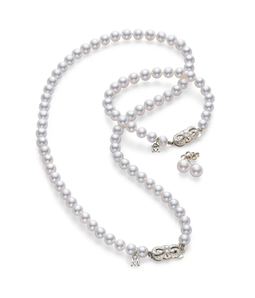 Mikimoto Akoya cultured pearl necklace $6,780 and Akoya stud earrings in 18K white gold, at Deutsch, IW Marks, Zadok Jewelers