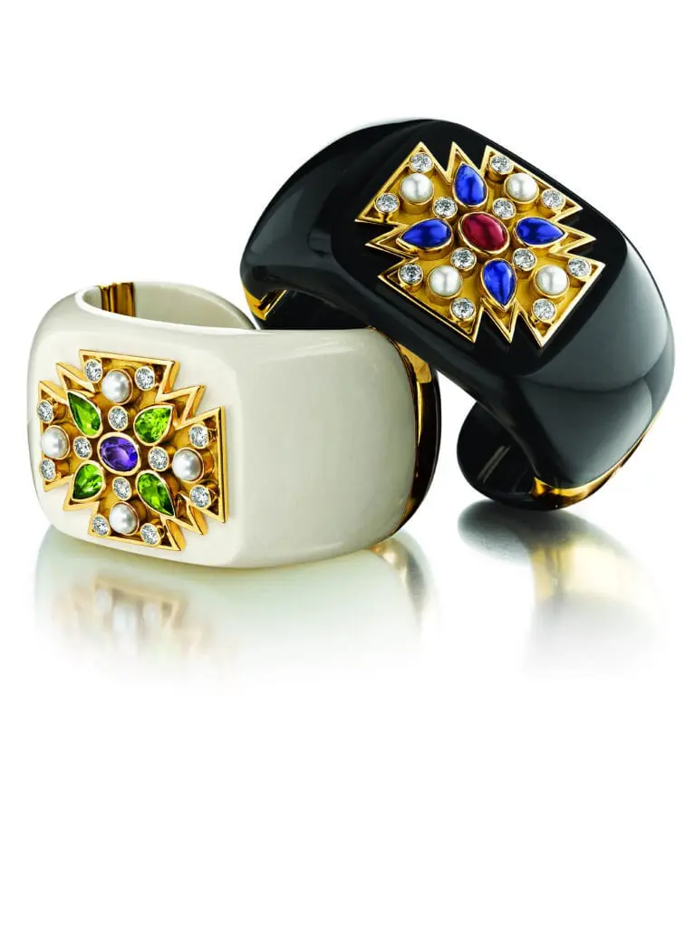 Verdura black jade Maltese cross cuff $56,500, and Cocholong Maltese cross cuff $58,500, at Neiman Marcus