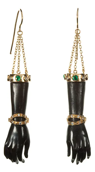 Wilfredo Rosado Hand to Hand earrings with 18K gold, diamonds and colored stones at Neiman Marcus, wilfredorosado.com