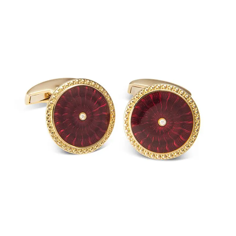 Deakin & Francis Yellow gold round cufflinks with red enamel and diamond center, $4,600
