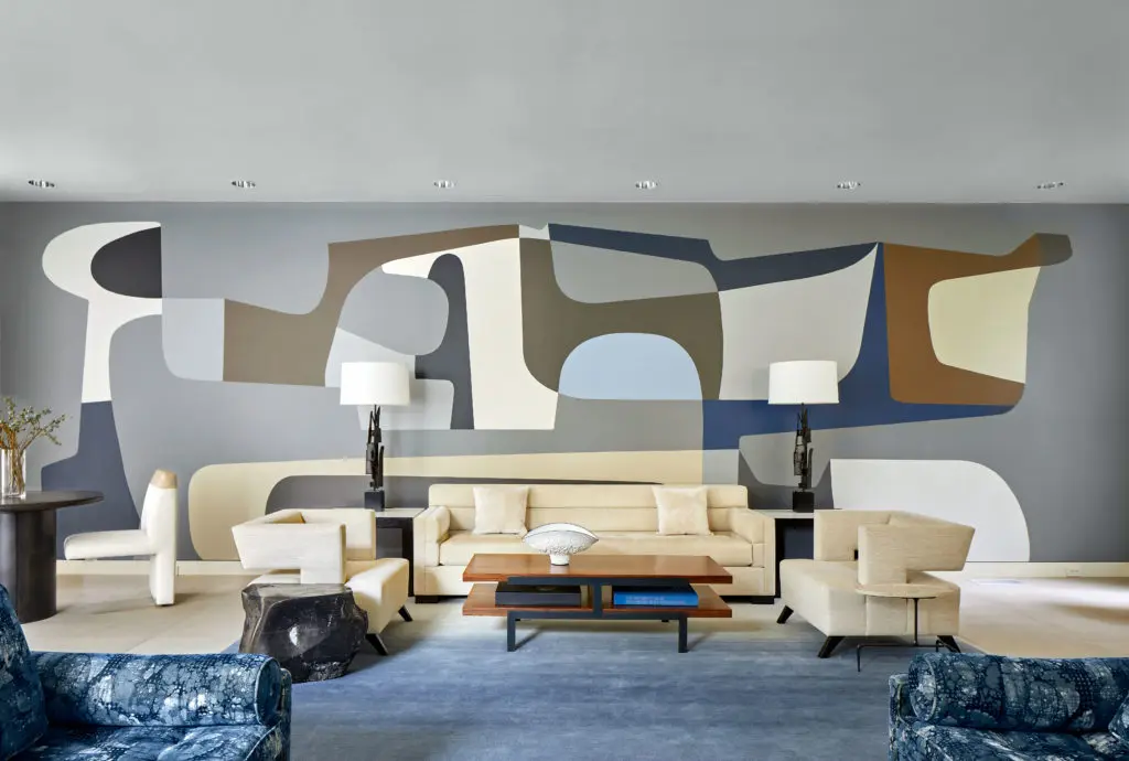 A custom wall mural by John-Paul Philippe for the living room of a Dallas house by architect Bud Oglesby.   (Photo by Nikolas Koenig)