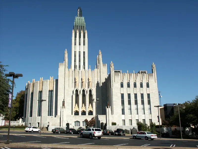 Boston Avenue United Methodist Church, 1929, shows Goff's mastery of the Art Deco style.