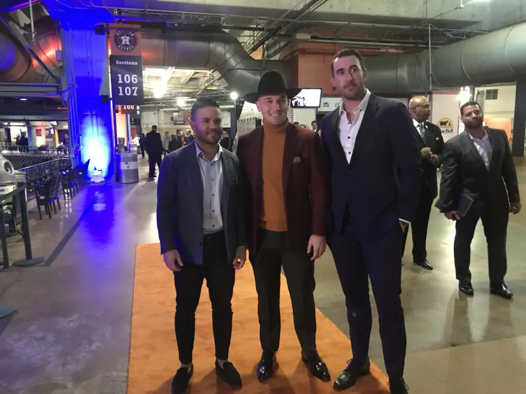 Jose Altuve, Carlos Correa and Justin Verlander are back together again at the Diamond Dreams Gala. (Photo by Chris Baldwin.)