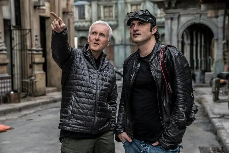 Director Robert Rodriguez and Producer James Cameron on the set of Alita: Battle Angel. Courtesy of IMDB