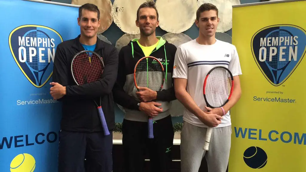 Reilly Opelka (right) just defeated John Isner (left) in the first round of the Australian Open. They are two of the tallest guys on tour, along with Ivo Karlovic in the middle. Courtesy of ATP Tour. 