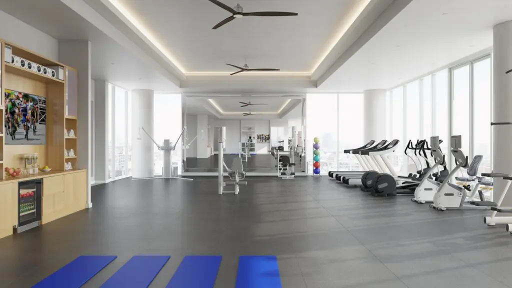 A fitness center is an amenity at Windrose Tower. 