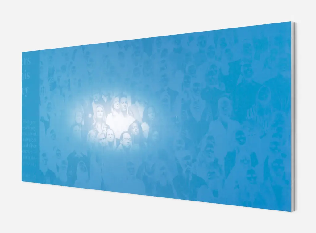 Emmanuel Van der Auwera, Memento (Farewell, Blue), 2019,
Newspaper, .3mm aluminum offset plates mounted on aluminum frame
