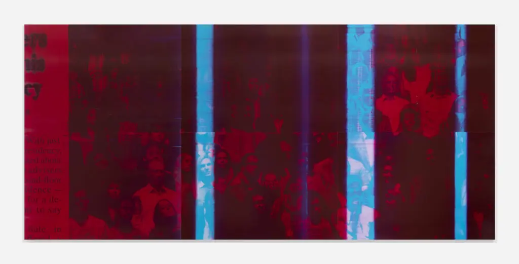 Emmanuel Van der Auwera, Memento (Farewell, Red), 2019, 
Newspaper, .3mm aluminum offset plates mounted on aluminum frame
