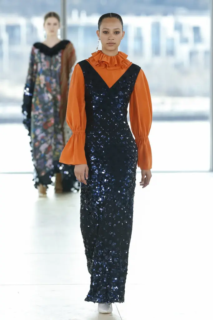 Tory Burch blue sequined chiffon dress, orange crepe de chine top (Photo by Tory Burch)