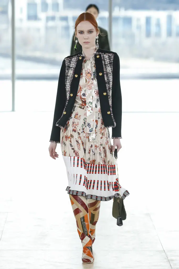 Tory Burch tweed and ponte knit jacket, mountain paisley print chiffon top and crepe de shine skirt (Photo by Tory Burch)