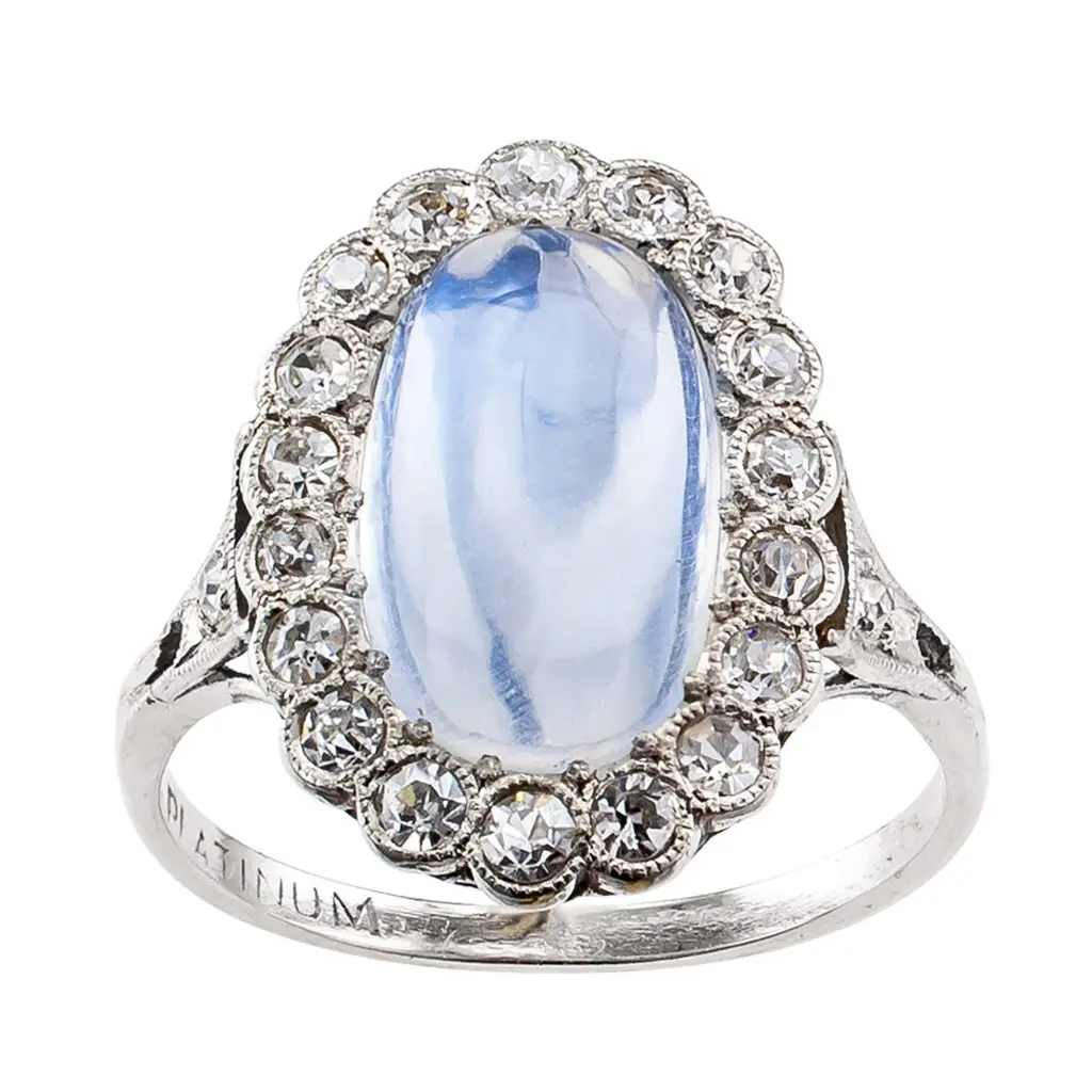An Art Deco moonstone and diamond platinum ring, from L.A.'s Jacob's Diamond and Estate Jewelry, exhibiting at fall HA+A+DS, taking place at Silver Street Studios.