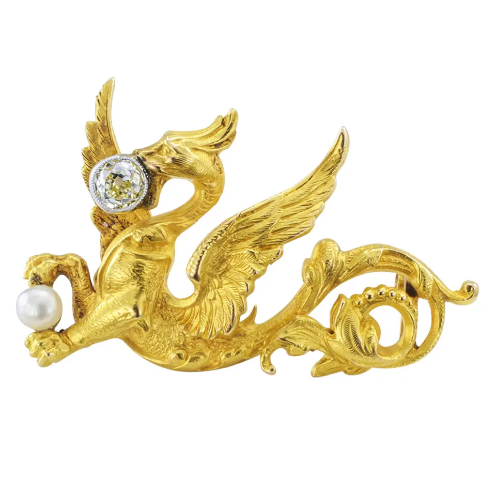 An Art Nouveau gold griffin with a striking pearl and diamond, from Jacob's Diamonds and Estate Jewelry, one of the flagship exhibitors coming to HA+A+DS this September 20 through 22.