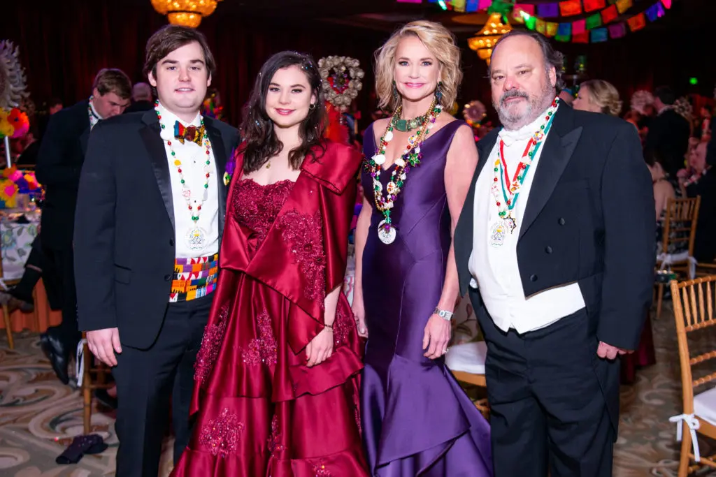 The Cullen family — Hugh Roy, Duchess Katie Rose, Katie & Harry  —celebrate the Knights of Momus Fiesta de Momus at The Grand 1894 Opera House in Galveston. (Photo by Michelle Watson/CatchlightGroup.com)
