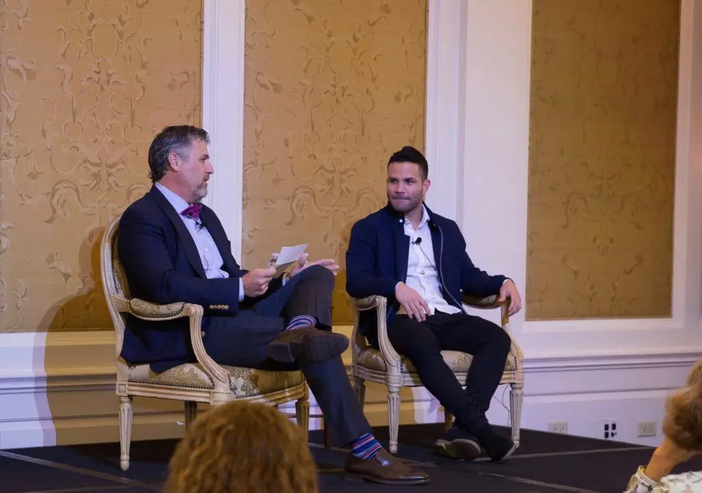 Lance Berkman interviews Jose Altuve at SpringSpirit Baseball Breakfast of Champions (Photo by Jack Perry)