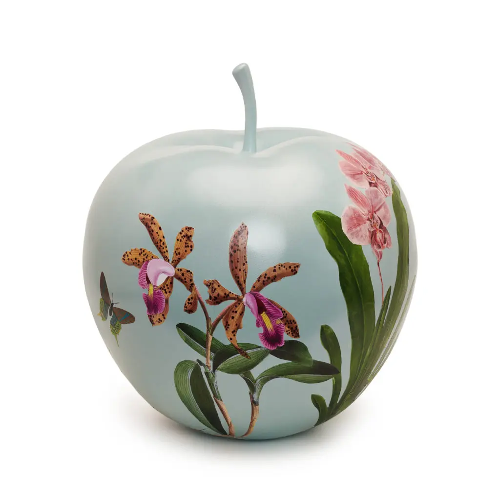 Bespoke lamp maker Liz Marsh decoupaged a botanical print on her apple. 