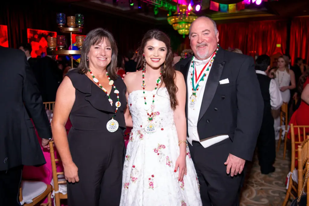 Lori Matthews, Duchess Marissa Matthews, Allan Matthews celebrate the Knights of Momus Fiesta de Momus at The Grand 1894 Opera House in Galveston. (Photo by Michelle Watson/CatchlightGroup.com)
