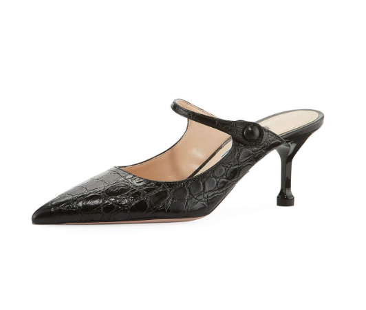 Prada, pointed crocodile-print mules, $750, available at Neiman Marcus NorthPark Center Dallas and Neimanmarcus.com