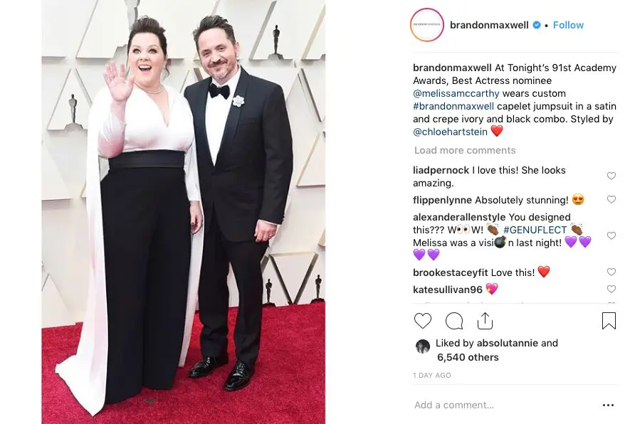Brandon Maxwell's Instagram Post of Melissa McCarthy wearing a custom ensemble on the Oscars red carpet. 